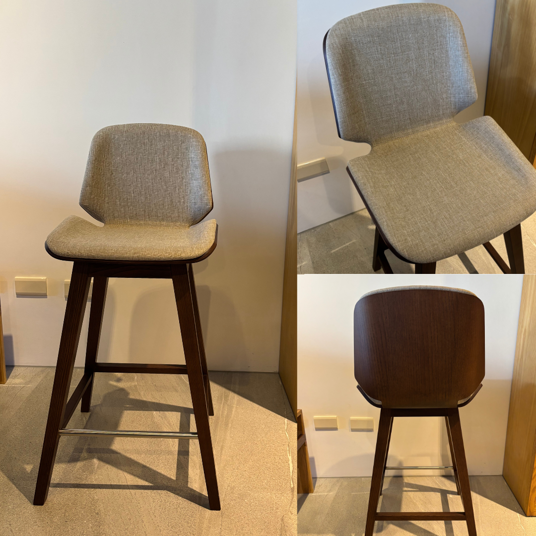 訂製家具｜淺灰布面吧檯椅 | 弧型椅背・方弧坐墊