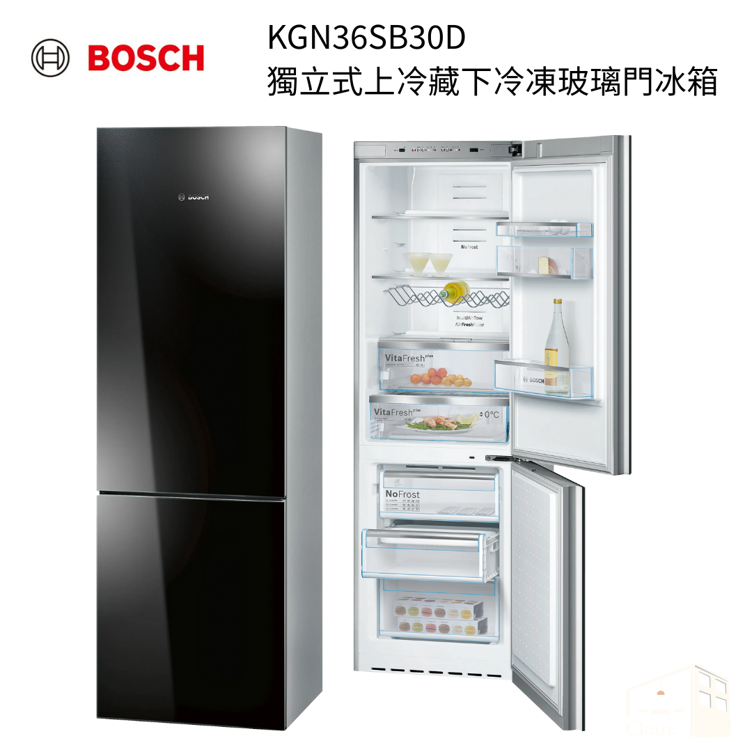 BOSCH博世｜KGN36SB30D 獨立式上冷藏下冷凍玻璃門冰箱
