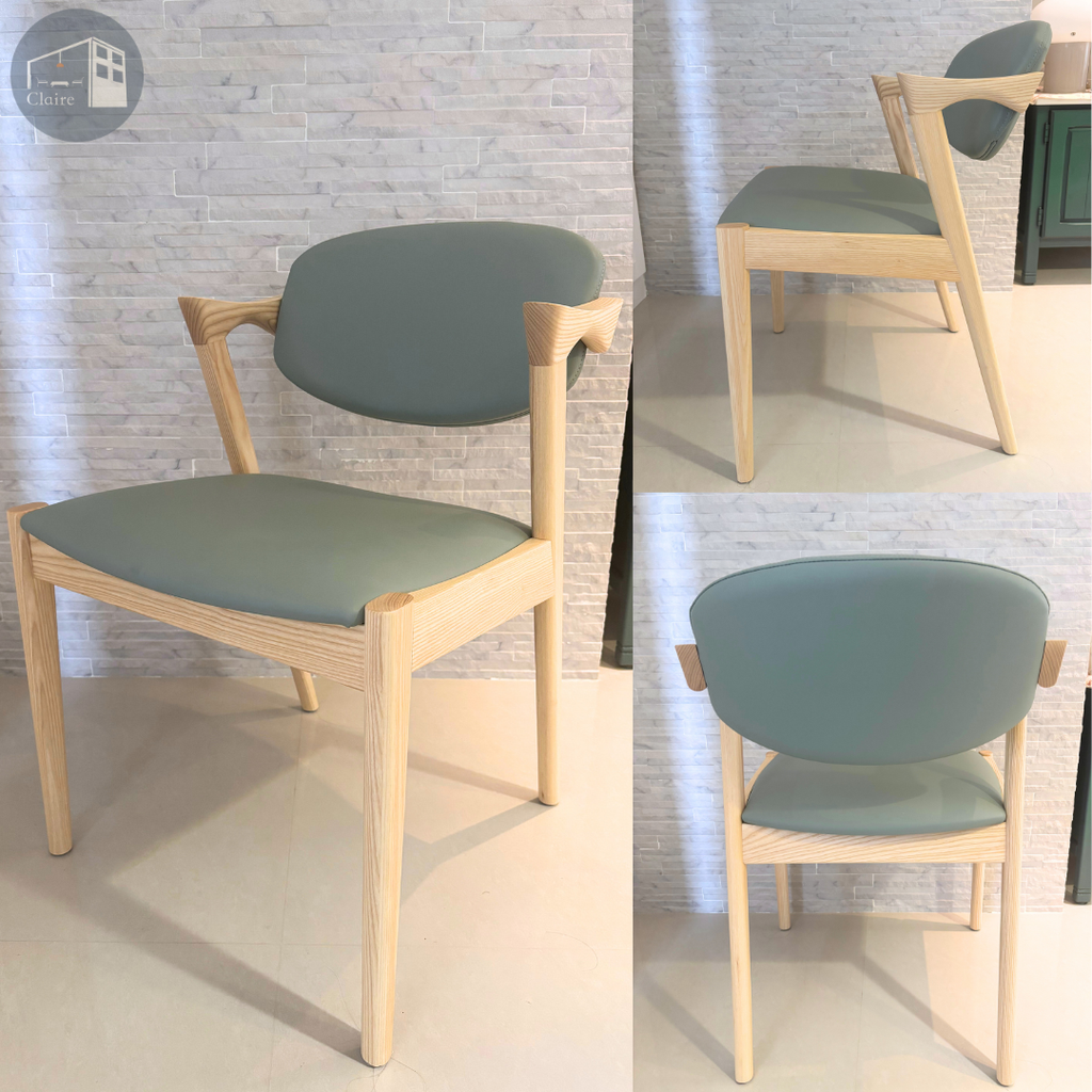 訂製家具｜莫蘭迪藍原木色日系餐桌椅｜自然木感 × 溫潤弧形扶手
