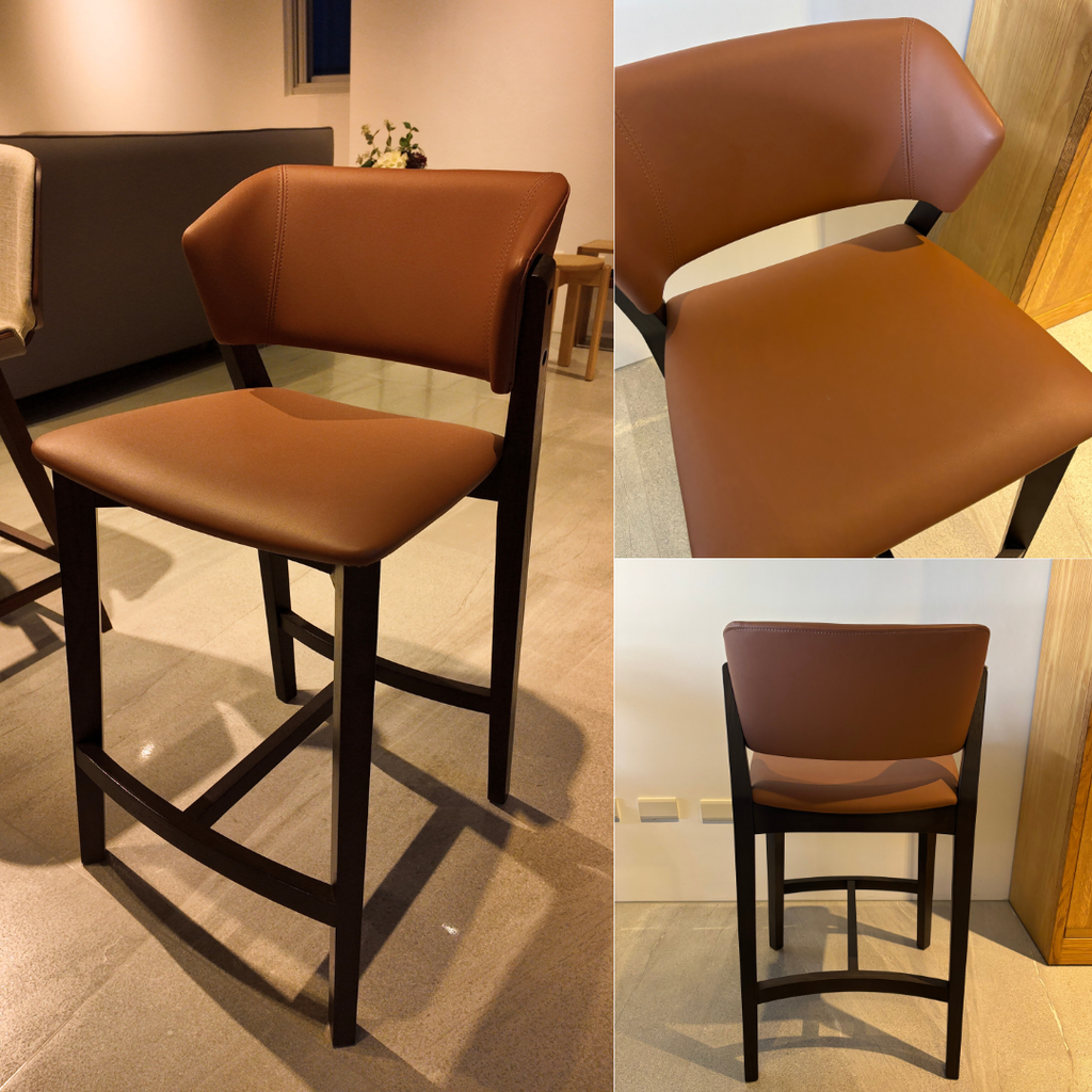 訂製家具｜深棕皮革吧檯椅 | 方正椅背・方弧坐墊